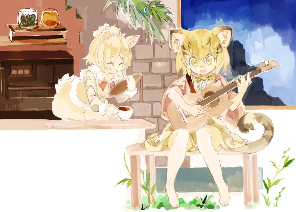 2girls alpaca_ears alpaca_suri_(kemono_friends) alpaca_tail animal_ears blonde_hair bow bowtie cat_ears cat_tail commentary_request cup elbow_gloves eyebrows_visible_through_hair fur_collar fur_trim gloves guitar hair_bun hair_tubes instrument kemono_friends konabetate multicolored_hair multiple_girls music no_shoes playing_instrument sand_cat_(kemono_friends) shawl short_hair shorts sitting tail teacup thigh-highs tray vest white_hair