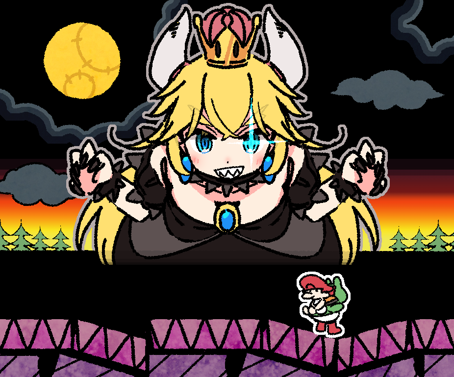 1girl baby_bowser baby_mario bangs bare_shoulders black_dress black_nails blonde_hair blue_eyes bowsette bracelet brooch clouds cloudy_sky collar commentary_request crown dress earrings evening eyebrows_visible_through_hair fake_screenshot fingernails full_moon giantess grin hat horizon horns jewelry long_hair looking_at_another mario super_mario_bros. moon nail_polish new_super_mario_bros._u_deluxe nintendo outdoors riding sharp_fingernails sharp_teeth size_difference sky smile sparkle spiked_bracelet spiked_collar spikes standing stitches strapless strapless_dress sunset super_crown super_mario_bros. super_mario_world_2:_yoshi's_island teeth thick_eyebrows v-shaped_eyebrows very_long_hair yoru_nai yoshi