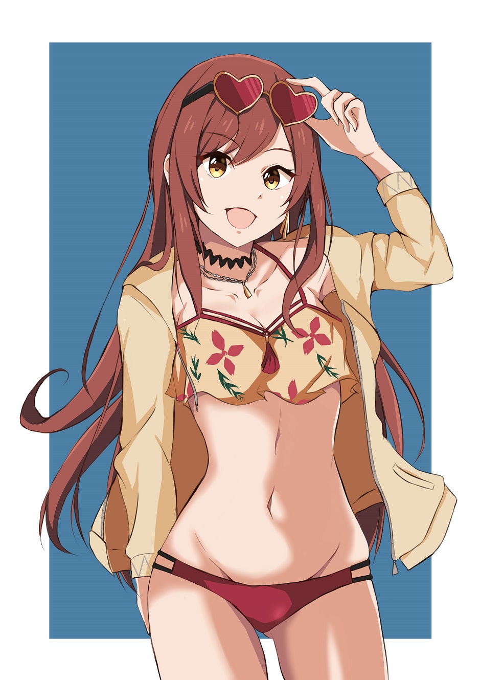 1girl :d bangs breasts brown_eyes brown_hair cleavage collarbone cowboy_shot eyebrows_visible_through_hair eyewear_on_head floating_hair floral_print groin heart heart-shaped_eyewear highres idolmaster idolmaster_shiny_colors jacket jewelry long_hair medium_breasts navel necklace nemo_1988 oosaki_amana open_clothes open_jacket open_mouth print_bikini_top red_bikini_bottom shiny shiny_hair smile solo standing sunglasses swept_bangs swimsuit unzipped very_long_hair yellow_bikini_top yellow_jacket