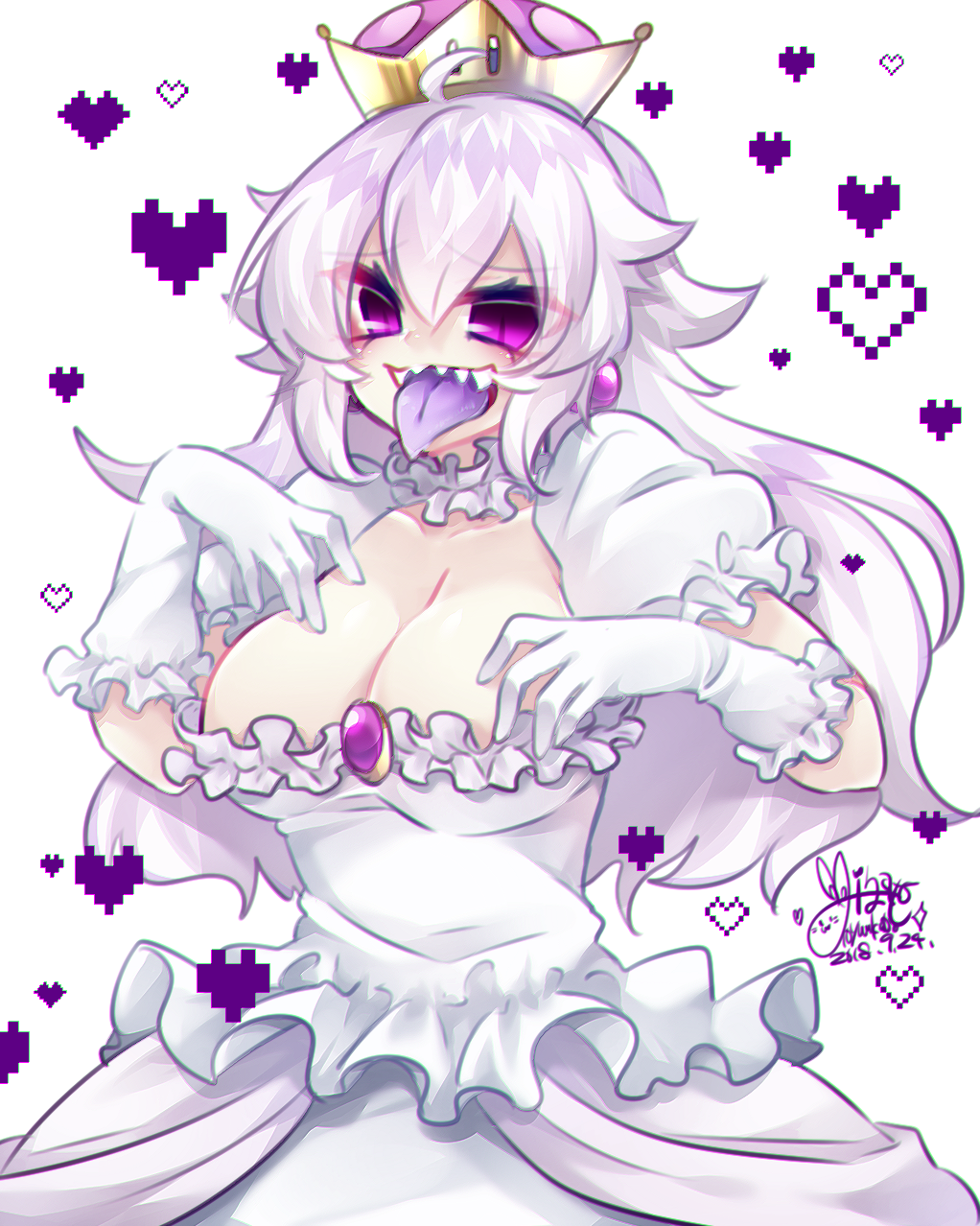 1girl 2018 :d ahoge breasts brooch crown dated dress earrings gloves heart highres jewelry kashiwagi_minato large_breasts luigi's_mansion super_mario_bros. new_super_mario_bros._u_deluxe nintendo open_mouth princess_king_boo puffy_short_sleeves puffy_sleeves purple_tongue sharp_teeth short_sleeves smile solo super_mario_bros. teeth tongue tongue_out violet_eyes white_dress white_gloves white_hair
