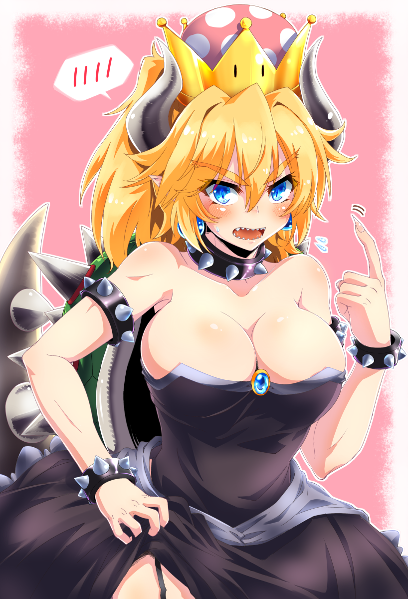 1girl bare_shoulders black_dress blonde_hair blue_eyes blush bowsette bracelet breasts cleavage collar collarbone commentary_request crown dress earrings eyebrows eyebrows_visible_through_hair garter_straps genderswap genderswap_(mtf) highres horns index_finger_raised iseno_yajin jewelry large_breasts looking_at_viewer super_mario_bros. new_super_mario_bros._u_deluxe nintendo open_mouth pink_background pointy_ears sharp_teeth simple_background slit_pupils solo spiked_armlet spiked_bracelet spiked_collar spikes spoken_blush super_crown super_mario_bros. tail teeth