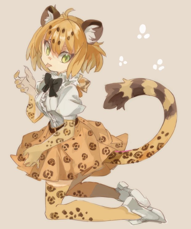 1girl :p animal_ears belt blonde_hair boots bow bowtie center_frills commentary_request elbow_gloves eyebrows_visible_through_hair fur_collar gloves green_eyes high-waist_skirt jaguar_(kemono_friends) jaguar_ears jaguar_print jaguar_tail kemono_friends kneeling konabetate multicolored_hair paw_print short_hair short_sleeves skirt solo tail thigh-highs tongue tongue_out zettai_ryouiki