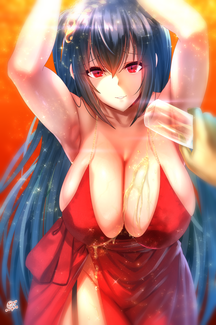 1boy 1girl ahoge alcohol armpits arms_up azur_lane bangs bare_shoulders black_hair blurry blurry_background blush breasts champagne_flute choker cleavage collarbone cup dress drinking_glass eyebrows_visible_through_hair garter_straps gold_trim groin hair_between_eyes hair_ornament highres holding holding_cup huge_breasts k.ty_(amejin) large_breasts leaning_forward light_particles long_hair looking_at_viewer one_side_up parted_lips pouring red_dress red_eyes sidelocks signature smile taihou_(azur_lane) thighs very_long_hair