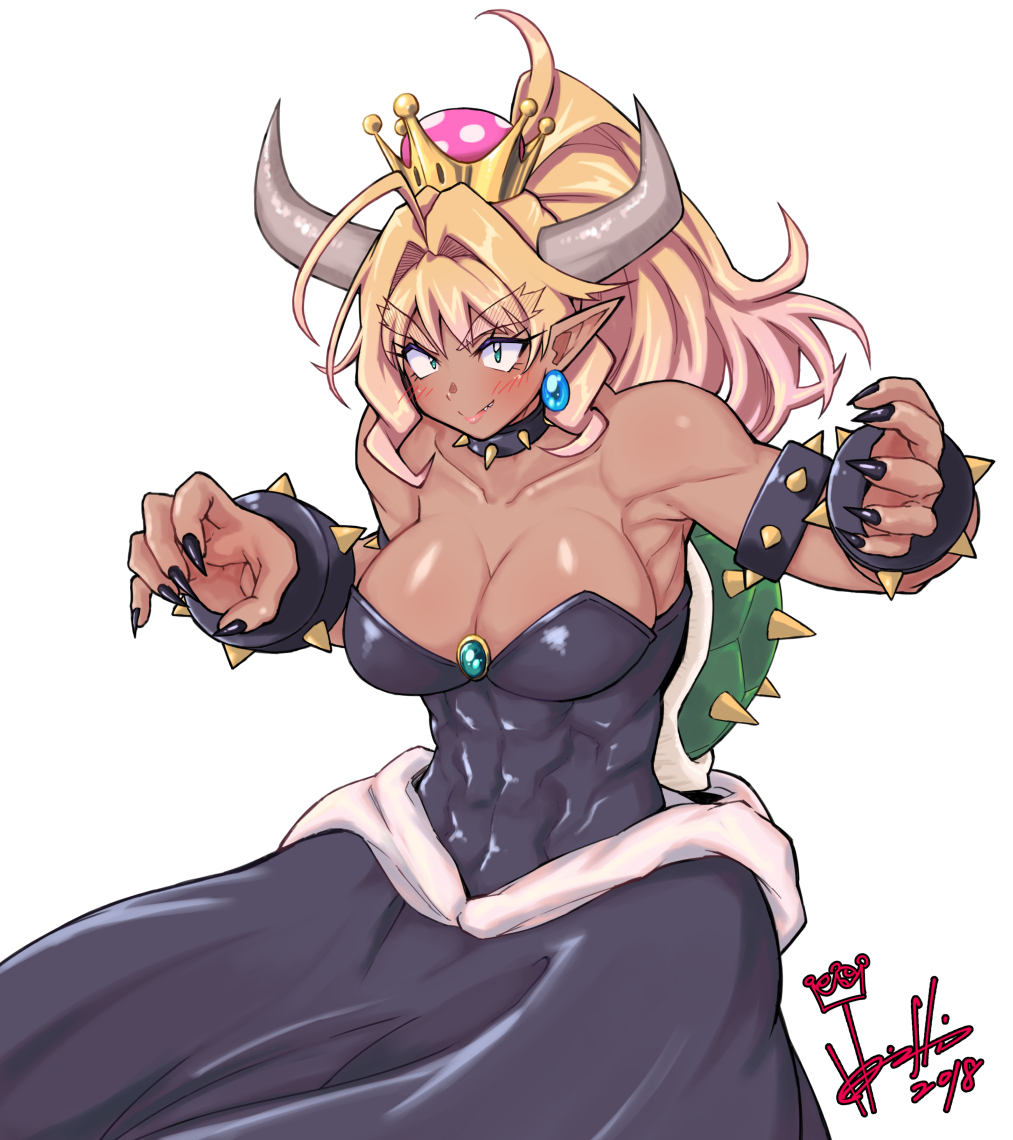 1girl abs ahoge armlet armpits bare_shoulders black_dress black_nails blonde_hair blush borrowed_design bowsette bracelet breasts brooch cleavage closed_mouth collar collarbone commentary_request crown dark_skin dress earrings eyebrows_visible_through_hair fangs fangs_out fingernails genderswap genderswap_(mtf) green_eyes hands_up high_ponytail hori_shin horns jewelry long_hair looking_at_viewer super_mario_bros. muscle muscular_female nail_polish new_super_mario_bros._u_deluxe nintendo pointy_ears ponytail sharp_fingernails simple_background smile solo spiked_armlet spiked_bracelet spiked_collar spikes standing strapless strapless_dress super_crown super_mario_bros. thick_eyebrows turtle_shell upper_body white_background