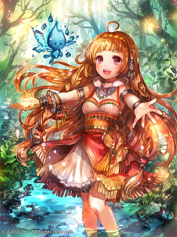 1girl ahoge armlet bracelet breasts choker cleavage day dress floating_hair forest hairband jewelry light_brown_hair long_hair nature official_art outdoors outstretched_arms rioka_(southern_blue_sky) seisen_cerberus short_dress sleeveless sleeveless_dress small_breasts solo very_long_hair violet_eyes wading