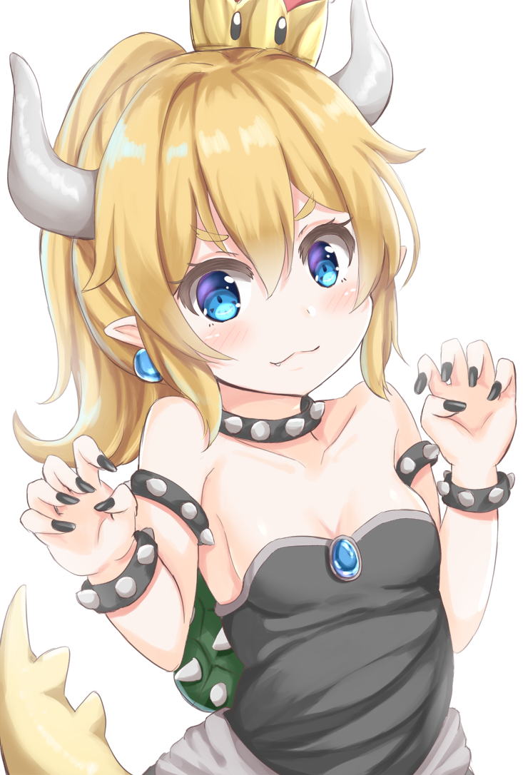 1girl :3 bangs bare_shoulders black_dress black_nails blue_eyes blush bowsette bracelet breasts claw_pose closed_mouth collar commentary_request crown dress earrings eyebrows_visible_through_hair fang fang_out fingernails genderswap genderswap_(mtf) hair_between_eyes hands_up head_tilt horns jewelry keiran_(ryo170) long_hair looking_at_viewer super_mario_bros. mini_crown nail_polish new_super_mario_bros._u_deluxe nintendo pointy_ears ponytail revision simple_background small_breasts solo spiked_bracelet spiked_collar spiked_shell spiked_tail spikes strapless strapless_dress super_crown tail tail_raised turtle_shell white_background younger