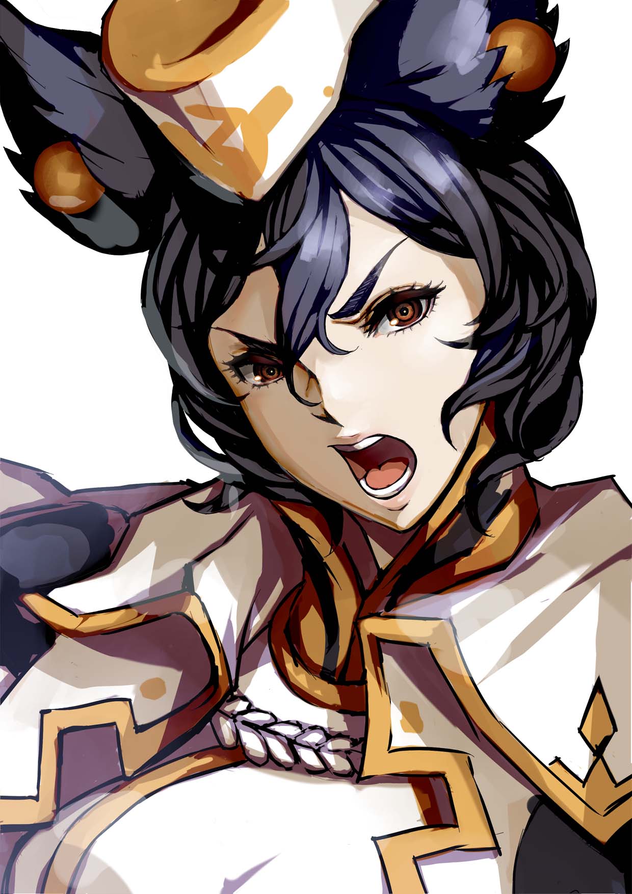 1girl animal_ears black_hair breasts brown_eyes commentary_request erune granblue_fantasy hair_between_eyes hat highres ilsa large_breasts looking_at_viewer open_mouth shimashima_(simasima_23) short_hair simple_background solo upper_body v-shaped_eyebrows white_background