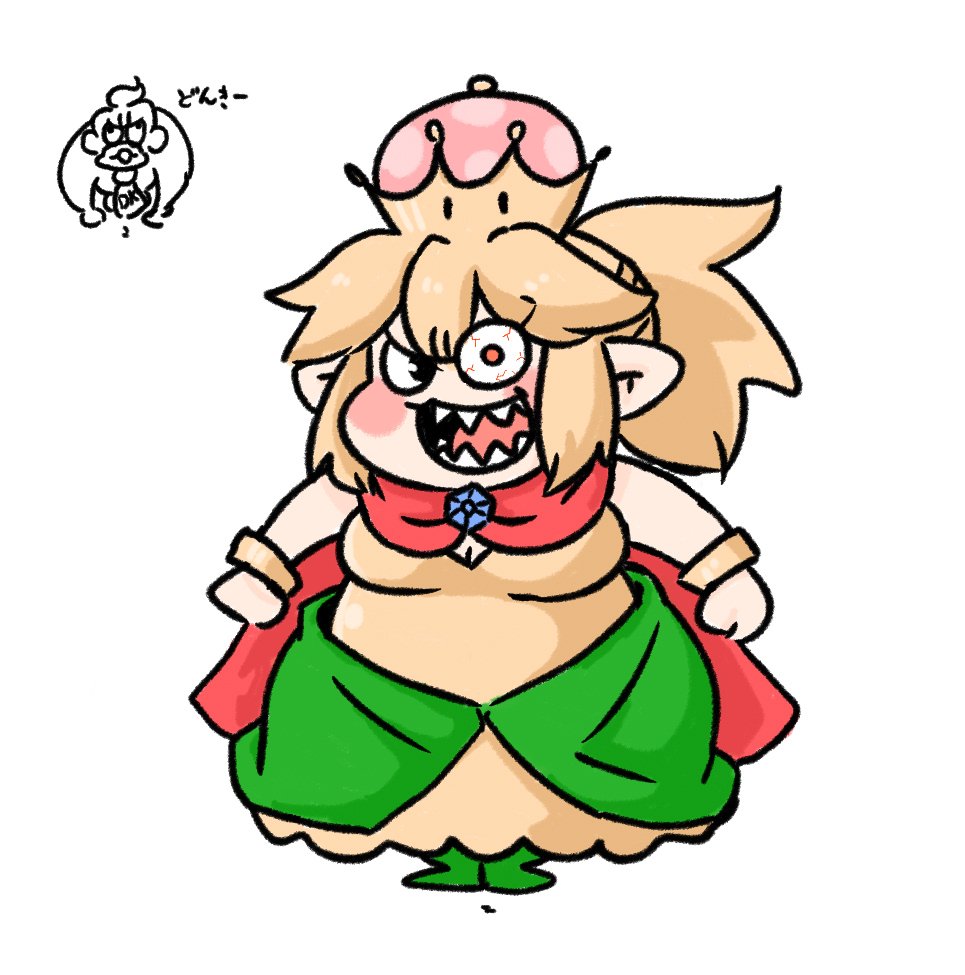 1girl blonde_hair bloodshot_eyes buraninn crazy_eyes donkey_kong donkey_kong_country dress fat genderswap genderswap_(mtf) king_k._rool long_hair super_mario_bros. new_super_mario_bros._u_deluxe nintendo pointy_ears ponytail simple_background super_crown transformation white_background