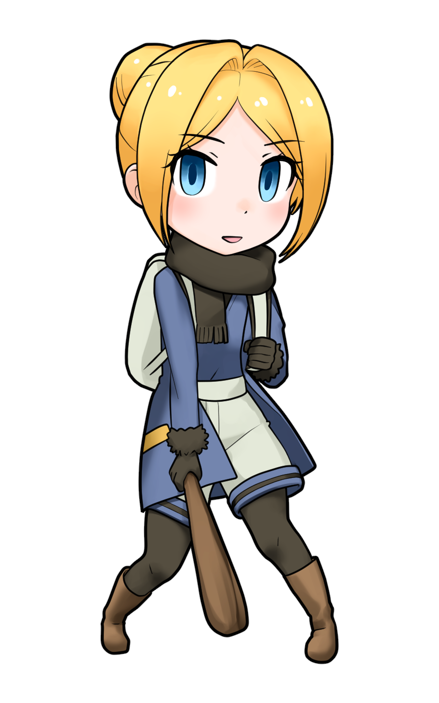 1girl :d backpack bag black_gloves black_legwear black_scarf blonde_hair blue_coat blue_eyes blue_shirt boots brown_footwear chibi club commentary_request empty_eyes eyebrows_visible_through_hair full_body fur-trimmed_sleeves fur_trim gloves hair_bun highres kemono_friends legs_apart long_sleeves looking_at_viewer neanderthal_man_(kemono_friends)_(welt_(kinsei_koutenkyoku)) open_mouth pantyhose pantyhose_under_shorts partial_commentary scarf shirt short_hair shorts simple_background smile solo weapon welt_(kinsei_koutenkyoku) white_background white_shorts