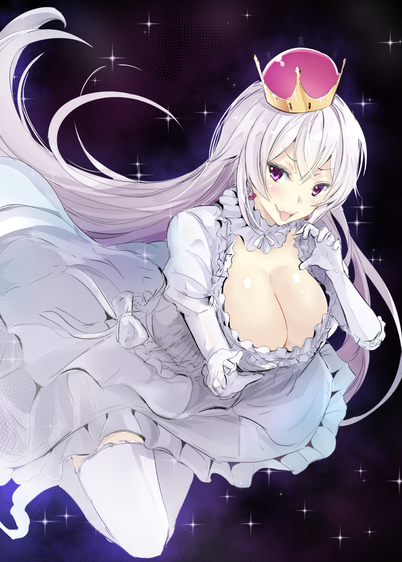 1girl :d bangs breasts cleavage crown dress earrings elbow_gloves gin'ichi_(akacia) gloves hair_between_eyes jewelry large_breasts long_hair luigi's_mansion super_mario_bros. new_super_mario_bros._u_deluxe nintendo open_mouth princess_king_boo silver_hair smile solo sparkle straight_hair super_crown super_mario_bros. thigh-highs tongue tongue_out v-shaped_eyebrows violet_eyes white_dress white_gloves white_legwear zettai_ryouiki