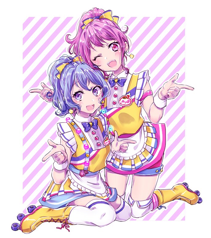 2girls :d ;d alternate_hairstyle apron bang_dream! bangs blue_hair blue_neckwear blush bow bowtie character_name commentary_request diagonal_stripes earrings frills hair_bow jewelry kneeling looking_at_viewer maruyama_aya matsubara_kanon muchise multiple_girls name_tag one_eye_closed open_mouth over-kneehighs pink_eyes pink_hair pointing ponytail roller_skates sitting skates skirt smile striped suspender_skirt suspenders thigh-highs violet_eyes waist_apron waitress white_legwear wrist_cuffs yellow_bow yellow_footwear