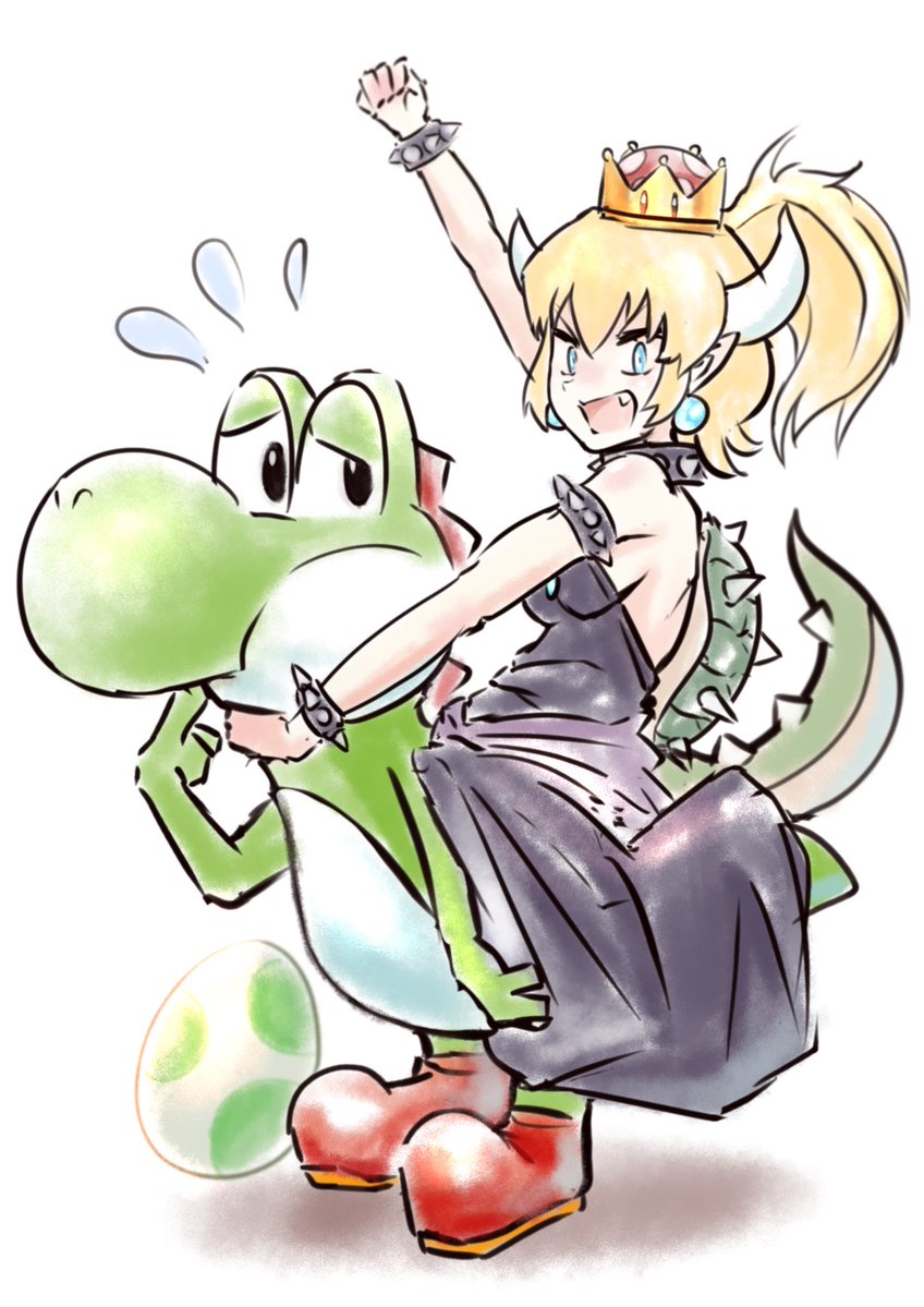 1girl blonde_hair blue_eyes boots bowsette breasts dress egg horns nintendo ponytail sharp_teeth sideboob super_mario_bros. tail teeth yoshi