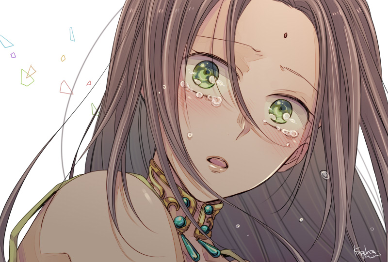 1girl arc_the_lad arc_the_lad_ii bare_shoulders brown_hair commentary_request crying crying_with_eyes_open dark_skin green_eyes izumi_kouyou jewelry long_hair looking_at_viewer necklace open_mouth sania_(arc_the_lad) simple_background solo tears