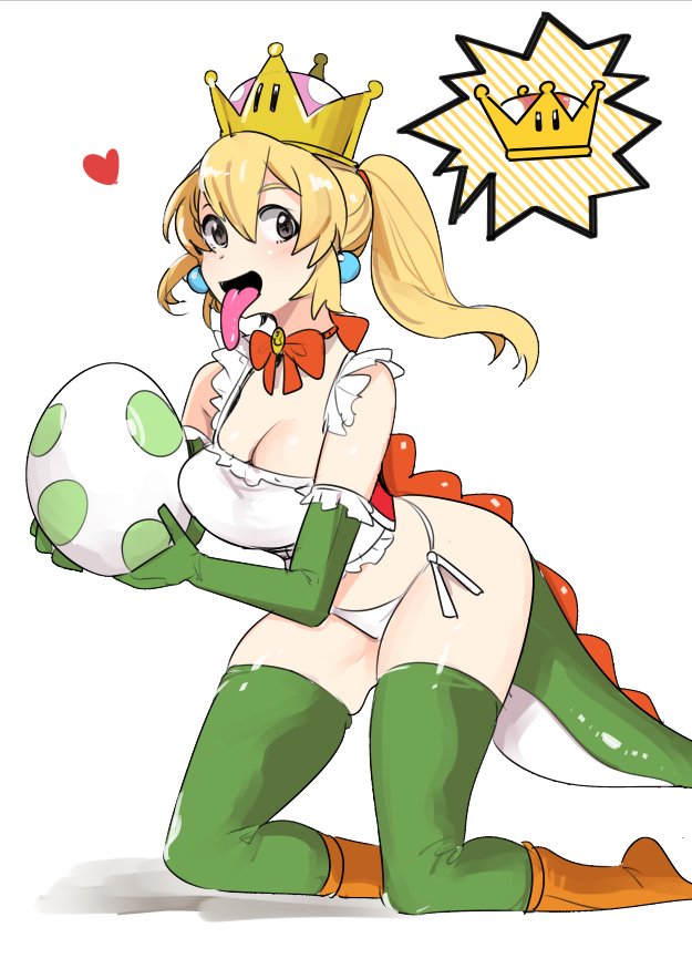 1girl apron bikini black_eyes blonde_hair blush boots breasts crown earrings egg eyebrows genderswap genderswap_(mtf) gloves green_gloves green_legwear hair_ornament heart jewelry kneehighs large_breasts looking_at_viewer super_mario_bros. nakasone_haiji new_super_mario_bros._u_deluxe nintendo open_mouth panties ponytail ribbon short_hair simple_background socks solo super_crown super_mario_bros. swimsuit tail tongue tongue_out underwear white_background white_panties yoshi yoshi_egg