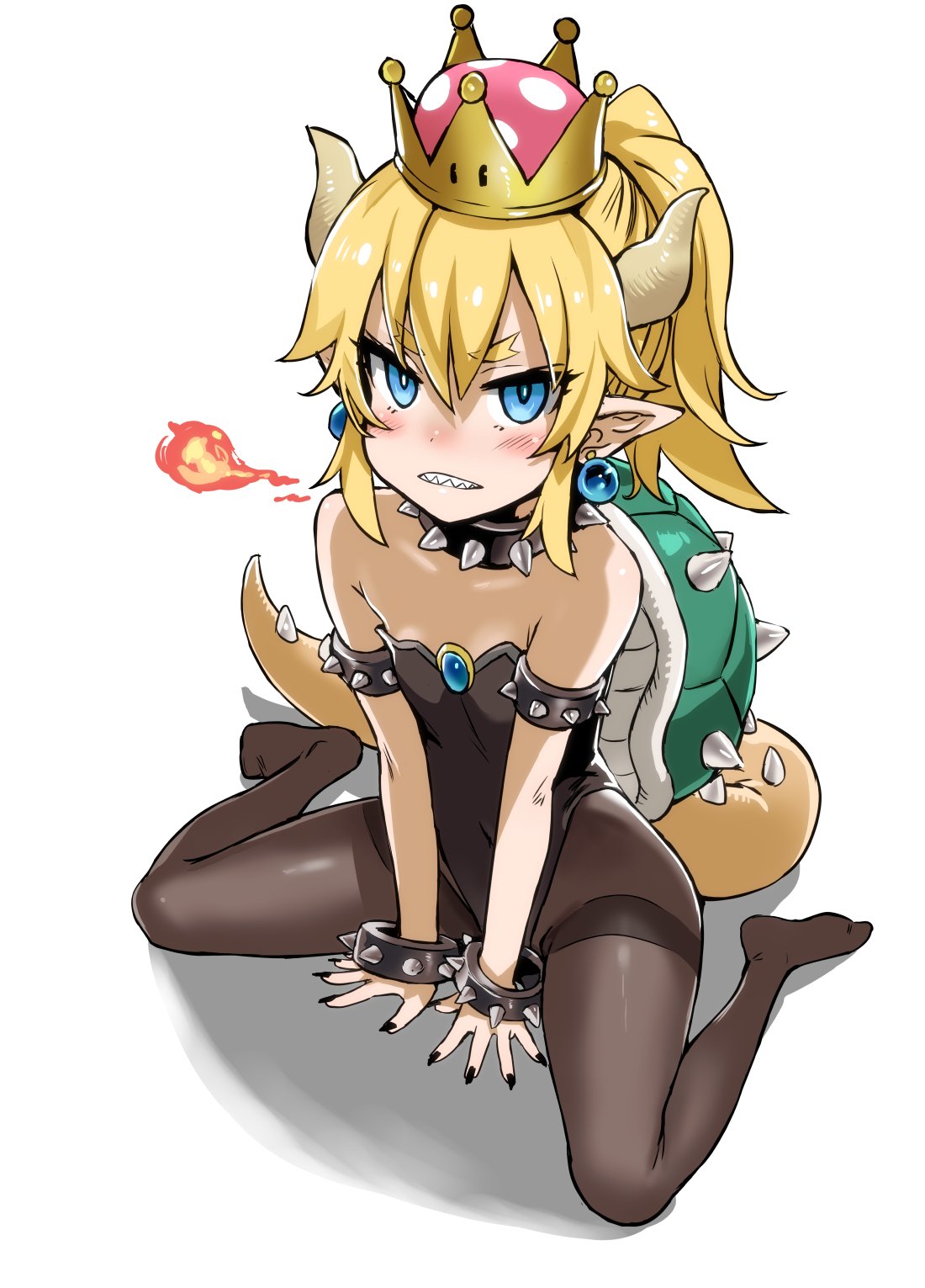 1girl asanagi baby_bowser bare_shoulders between_legs blonde_hair blue_eyes blush bowsette bracelet collar crown earrings fire flat_chest hair_between_eyes hand_between_legs highres horns jewelry leotard lizard_tail looking_at_viewer super_mario_bros. new_super_mario_bros._u_deluxe nintendo no_shoes pantyhose pointy_ears ponytail sharp_teeth simple_background sitting solo spiked_bracelet spiked_collar spikes super_crown super_mario_bros. tail teeth thighband_pantyhose wariza white_background white_leotard younger
