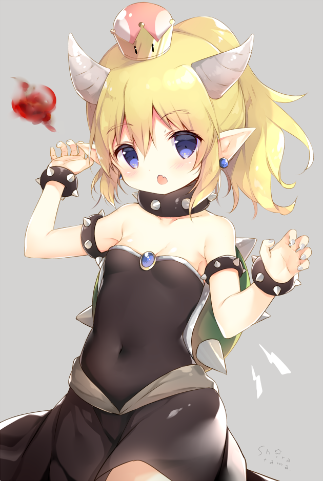 1girl arm_up bangs bare_shoulders black_dress blonde_hair bowsette bracelet breasts chestnut_mouth collar commentary_request covered_navel crown dress earrings eyebrows_visible_through_hair fang fingernails fire genderswap genderswap_(mtf) grey_background grey_nails hair_between_eyes hand_up horns jewelry lightning_bolt super_mario_bros. mini_crown nail_polish new_super_mario_bros._u_deluxe nintendo open_mouth pointy_ears ponytail shiratama_(shiratamaco) signature simple_background small_breasts solo spiked_bracelet spiked_collar spikes strapless strapless_dress super_crown