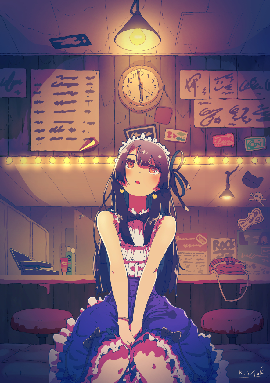 1girl bag black_hair bow brown_eyes clock dress earrings eyebrows_visible_through_hair frilled_dress frilled_hairband frills hair_ribbon hairband highres indoors jewelry kagawa_yuusaku long_hair looking_up original ribbon signature sitting solo