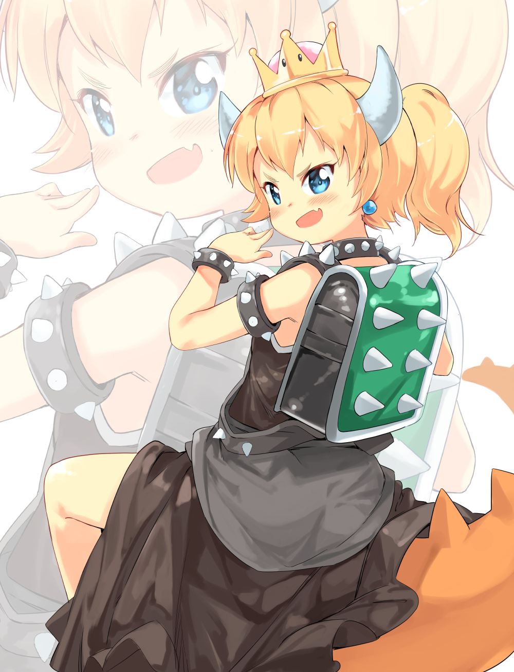 1girl :d backpack bag bangs bare_shoulders black_dress blonde_hair blue_eyes blush bowsette bracelet check_commentary collar commentary_request crown dress fang garun_wattanawessako genderswap genderswap_(mtf) hand_up highres jewelry looking_at_viewer looking_back super_mario_bros. mini_crown new_super_mario_bros._u_deluxe nintendo open_mouth ponytail randoseru smile solo spiked_bracelet spiked_collar spiked_tail spikes super_crown tail v-shaped_eyebrows white_background younger zoom_layer