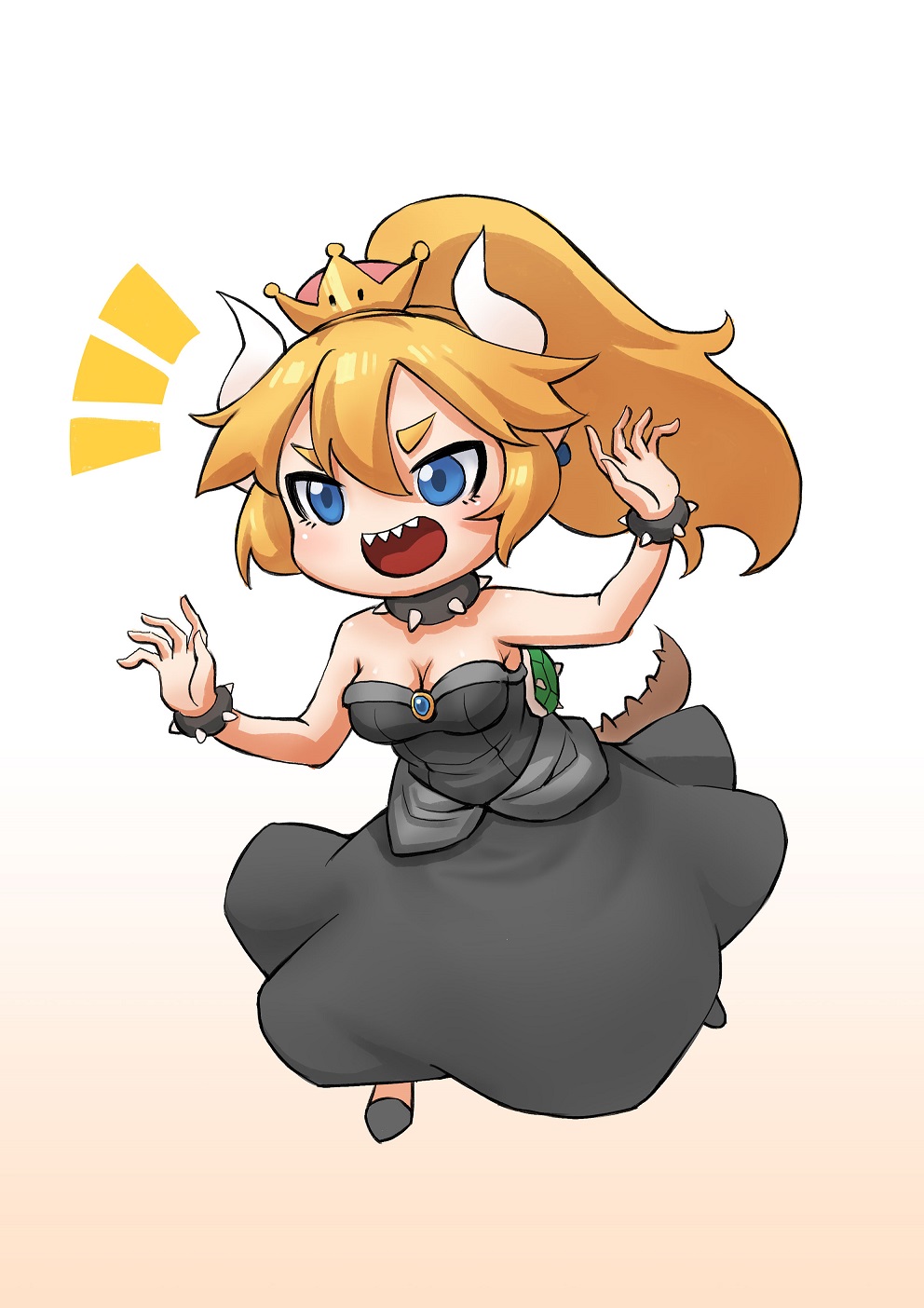 1girl :d bare_arms bare_shoulders black_dress blonde_hair blue_eyes bowsette bracelet breasts brooch chibi cleavage collar commentary_request crown dress earrings full_body gooster gradient gradient_background hair_between_eyes hands_up high_ponytail highres horns jewelry long_dress long_hair looking_afar super_mario_bros. marker_(medium) new_super_mario_bros._u_deluxe nintendo no_nose open_mouth ponytail running sharp_teeth sidelocks smile solo spiked_bracelet spiked_collar spiked_shell spikes strapless strapless_dress super_crown super_mario_bros. tail teeth traditional_media tsurime turtle_shell upper_teeth