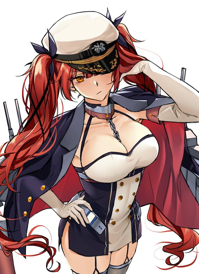 1girl adjusting_hair azur_lane between_breasts breasts chains cleavage collaboration commentary elbow_gloves english_commentary garter_straps gloves hair_ribbon hand_on_hip hat honolulu_(azur_lane) jacket_on_shoulders jun_project large_breasts long_hair military_hat orange_eyes redhead ribbon sakon04 simple_background solo turret twintails very_long_hair white_background