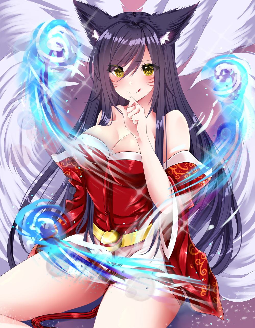 1girl ahri animal_ears bare_shoulders black_hair blush breasts cleavage detached_sleeves facial_mark fox_ears fox_girl fox_tail highres korean_clothes large_breasts league_of_legends lips long_hair looking_at_viewer mintmia11 multiple_tails slit_pupils solo tail tongue tongue_out whisker_markings yellow_eyes