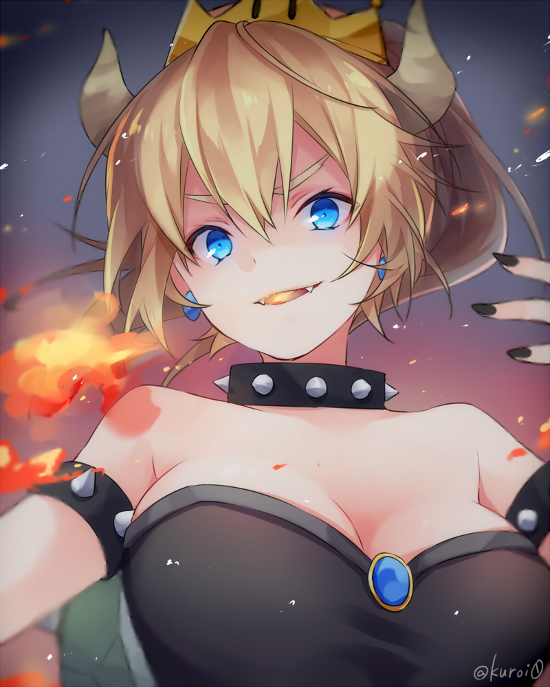 1girl black_dress black_nails blonde_hair blue_eyes blurry blurry_background bowsette bracelet breasts breathing_fire cleavage collar crown depth_of_field dress earrings fangs fingernails fire hand_up horns jewelry kuroi_(liar-player) large_breasts looking_at_viewer super_mario_bros. nail_polish nintendo ponytail smile solo sparks spiked_bracelet spiked_collar spikes super_crown super_mario_bros. twitter_username upper_body