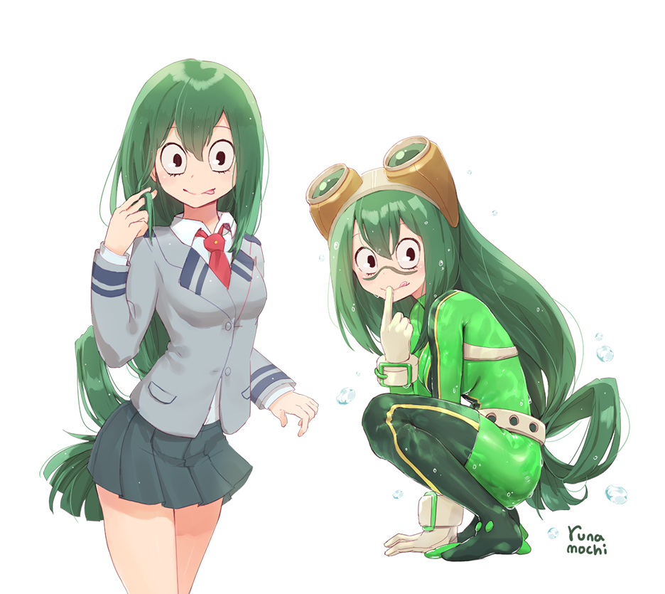 1girl :&gt; asui_tsuyu bangs between_legs blazer blush bodysuit boku_no_hero_academia breasts closed_mouth collared_shirt commentary_request dual_persona eyebrows_visible_through_hair finger_to_mouth green_bodysuit green_hair green_skirt grey_jacket hair_between_eyes hand_between_legs index_finger_raised jacket long_hair low-tied_long_hair medium_breasts multiple_girls multiple_views necktie pleated_skirt red_neckwear runamochi shirt signature skirt squatting tongue tongue_out very_long_hair water_drop wet wet_hair white_shirt