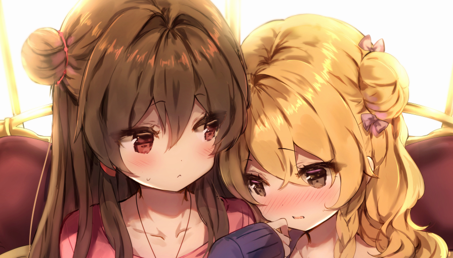 2girls backlighting bangs blonde_hair blush bow brown_eyes brown_hair closed_mouth collarbone commentary_request couch day eyebrows_visible_through_hair hair_between_eyes hair_bow hair_bun hakurei_reimu hand_up kirisame_marisa long_hair long_sleeves multiple_girls parted_lips pink_bow pink_shirt piyokichi red_eyes shirt side_bun sitting sleeves_past_wrists sunlight sweat touhou yuri