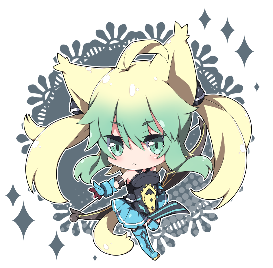 1girl :&lt; ahoge animal_ears atalanta_(fate) bangs bare_shoulders black_dress blonde_hair blue_footwear blue_gloves blue_legwear blue_skirt blush boots bow_(weapon) cat_ears cat_girl cat_tail chibi closed_mouth commentary_request dress eyebrows_visible_through_hair fate/apocrypha fate_(series) gloves gradient_hair green_eyes green_hair hair_between_eyes hair_ornament looking_at_viewer milkpanda multicolored_hair outstretched_arm pleated_skirt skirt solo sparkle standing standing_on_one_leg strapless strapless_dress tail thigh-highs thigh_boots twintails weapon