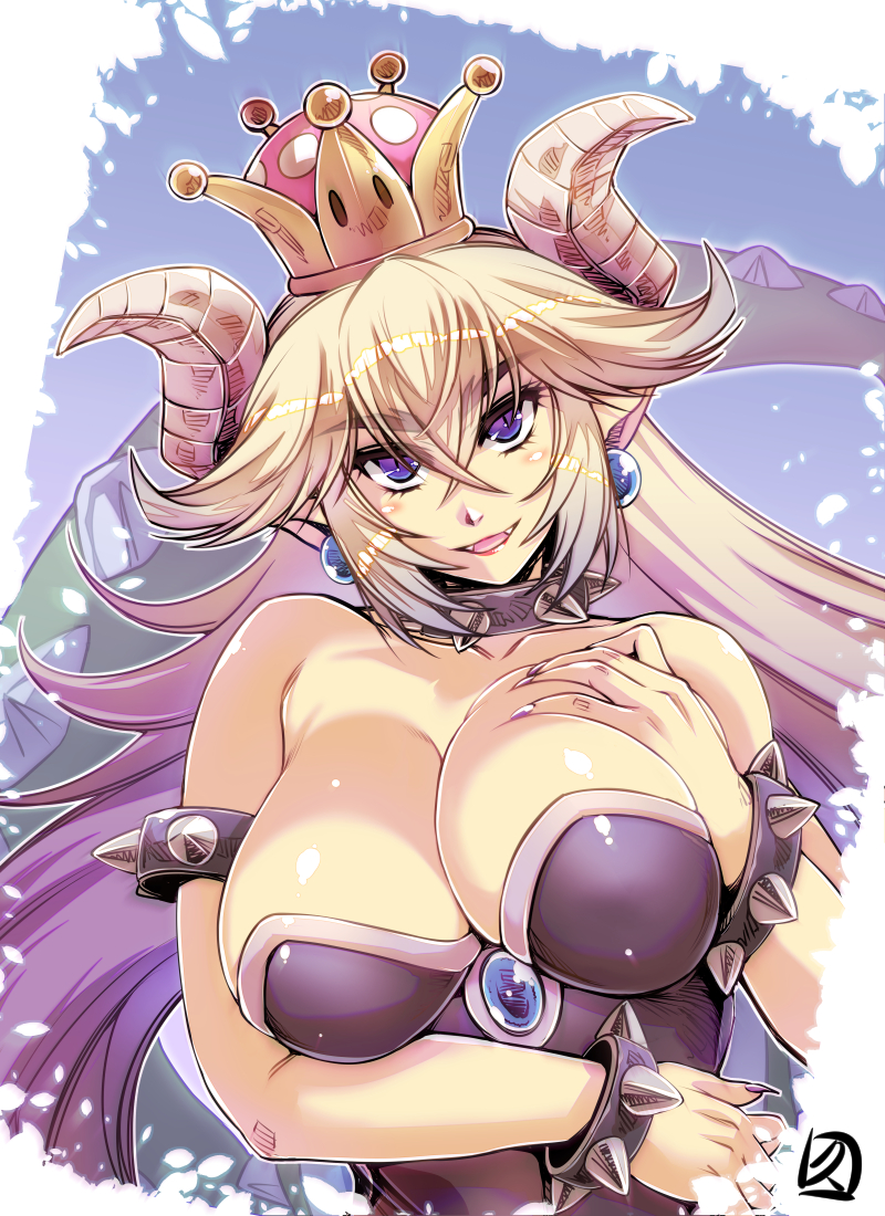 1girl bare_shoulders blonde_hair blue_background bowsette bracelet breasts cleavage collar collarbone commentary_request crown earrings eyebrows_visible_through_hair fang genderswap genderswap_(mtf) gradient_hair hand_on_own_chest hisahiko horns jewelry large_breasts lips long_hair looking_at_viewer super_mario_bros. multicolored_hair new_super_mario_bros._u_deluxe nintendo open_mouth purple_hair smile solo spiked_armlet spiked_bracelet spiked_collar spikes super_crown super_mario_bros. tail upper_body violet_eyes