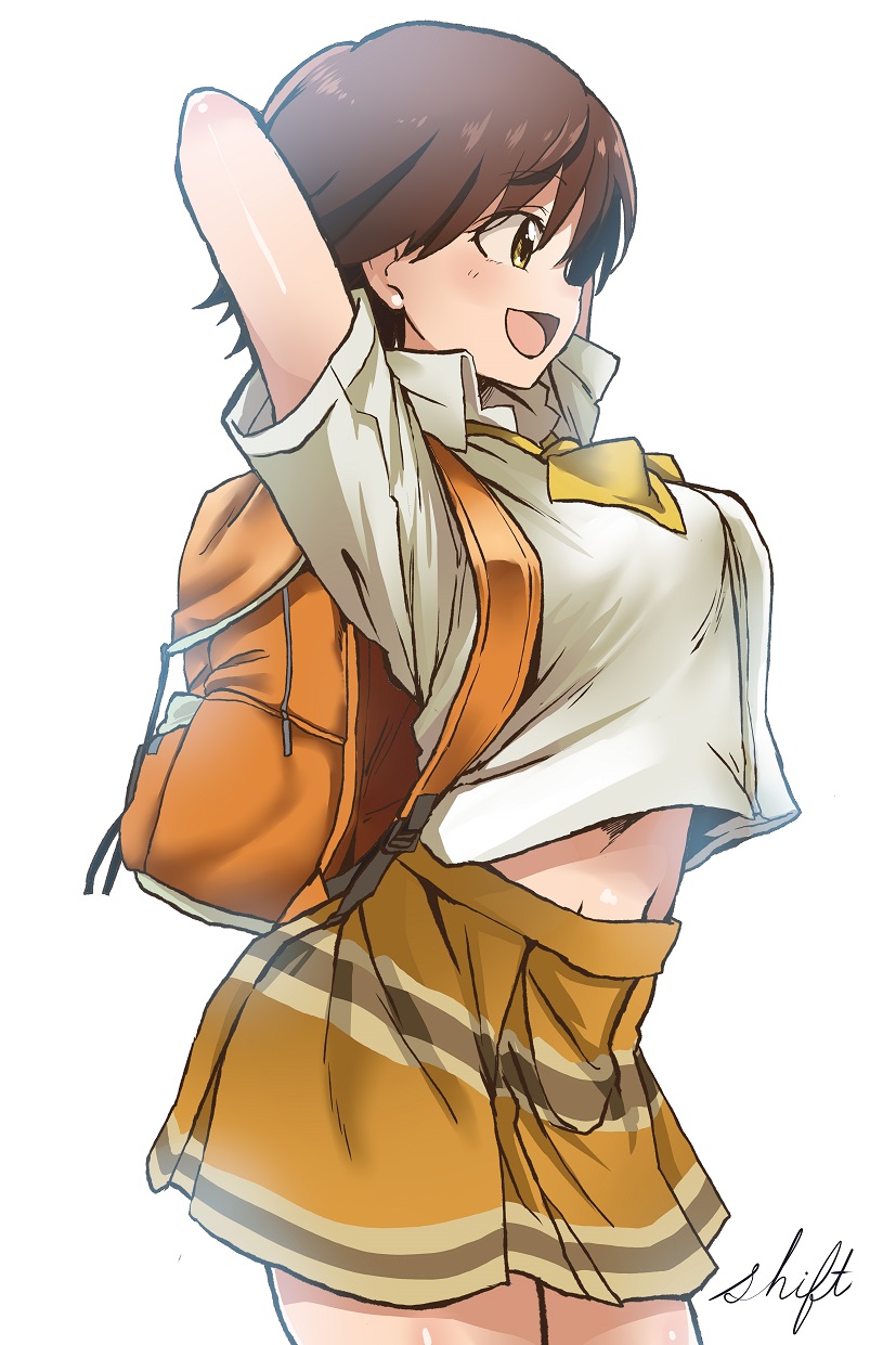 1girl :d arched_back arms_behind_head arms_up artist_name backpack bag belly_peek blush bow bowtie breasts brown_hair collared_shirt commentary_request cowboy_shot from_side highres honda_mio idolmaster idolmaster_cinderella_girls large_breasts looking_away medium_skirt navel open_mouth shift_(waage) shirt short_hair short_sleeves signature simple_background skirt smile solo stretch white_background white_shirt wing_collar yellow_bow yellow_eyes yellow_neckwear yellow_skirt