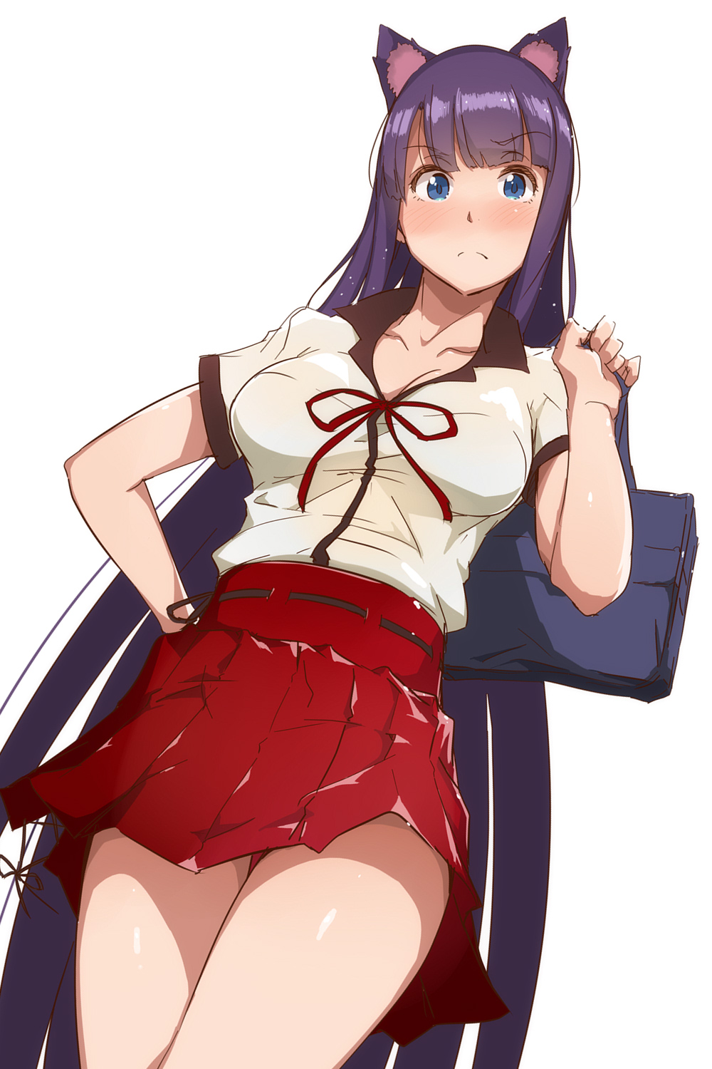 1girl animal_ear_fluff animal_ears bag bangs blue_eyes blunt_bangs blush breasts cleavage closed_mouth commentary_request cosplay dutch_angle eyebrows_visible_through_hair fate/extra fate/extra_ccc fate/extra_ccc_fox_tail fate/grand_order fate_(series) fox_ears hand_on_hip high-waist_skirt highres hips large_breasts long_hair looking_at_viewer purple_hair red_skirt saint_martha school_bag shirt simple_background skirt solo suzuka_gozen_(fate) suzuka_gozen_(fate)_(cosplay) thighs tokiwa_midori_(kyokutou_funamushi) very_long_hair white_background white_shirt