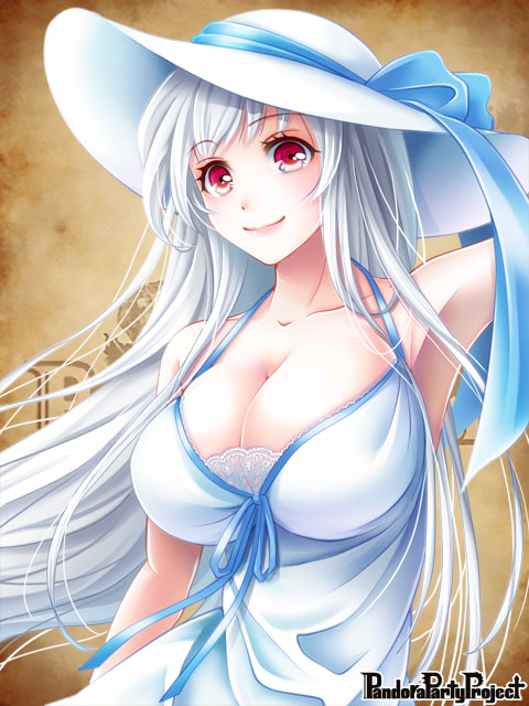 1girl bare_shoulders blue_ribbon breasts brown_background cleavage collarbone copyright_name dress hat hat_ribbon large_breasts official_art pandora_party_project red_eyes ribbon upper_body usagiya_koharu watermark white_dress white_hair white_hat