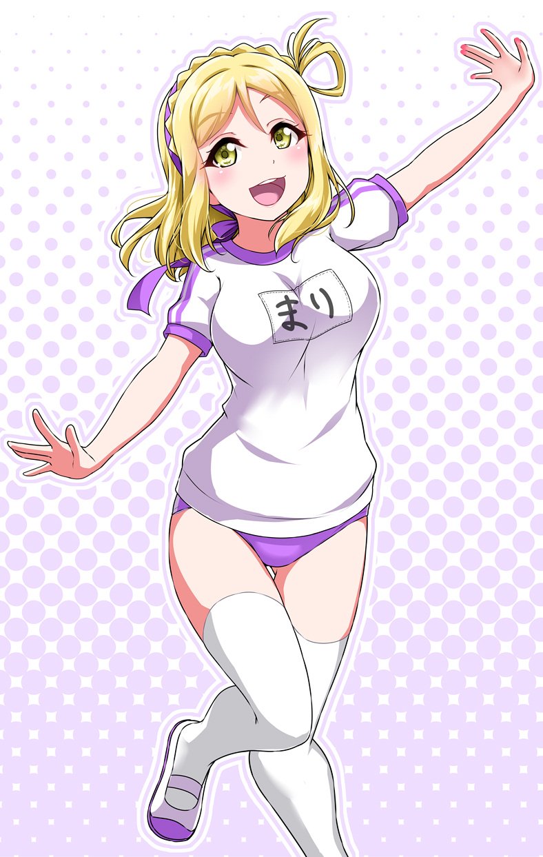 1girl :d blonde_hair blush braid buruma commentary_request crown_braid eyebrows_visible_through_hair green_eyes gym_uniform hair_rings hairband halftone halftone_background highres looking_at_viewer love_live! love_live!_sunshine!! medium_hair nail_polish name_tag ohara_mari open_mouth outline outstretched_arms purple_buruma purple_outline purple_ribbon red_nails ribbon round_teeth shirt shoes short_sleeves smile solo spread_arms standing standing_on_one_leg teeth thigh-highs upper_teeth uwabaki white_legwear white_outline white_shirt yopparai_oni