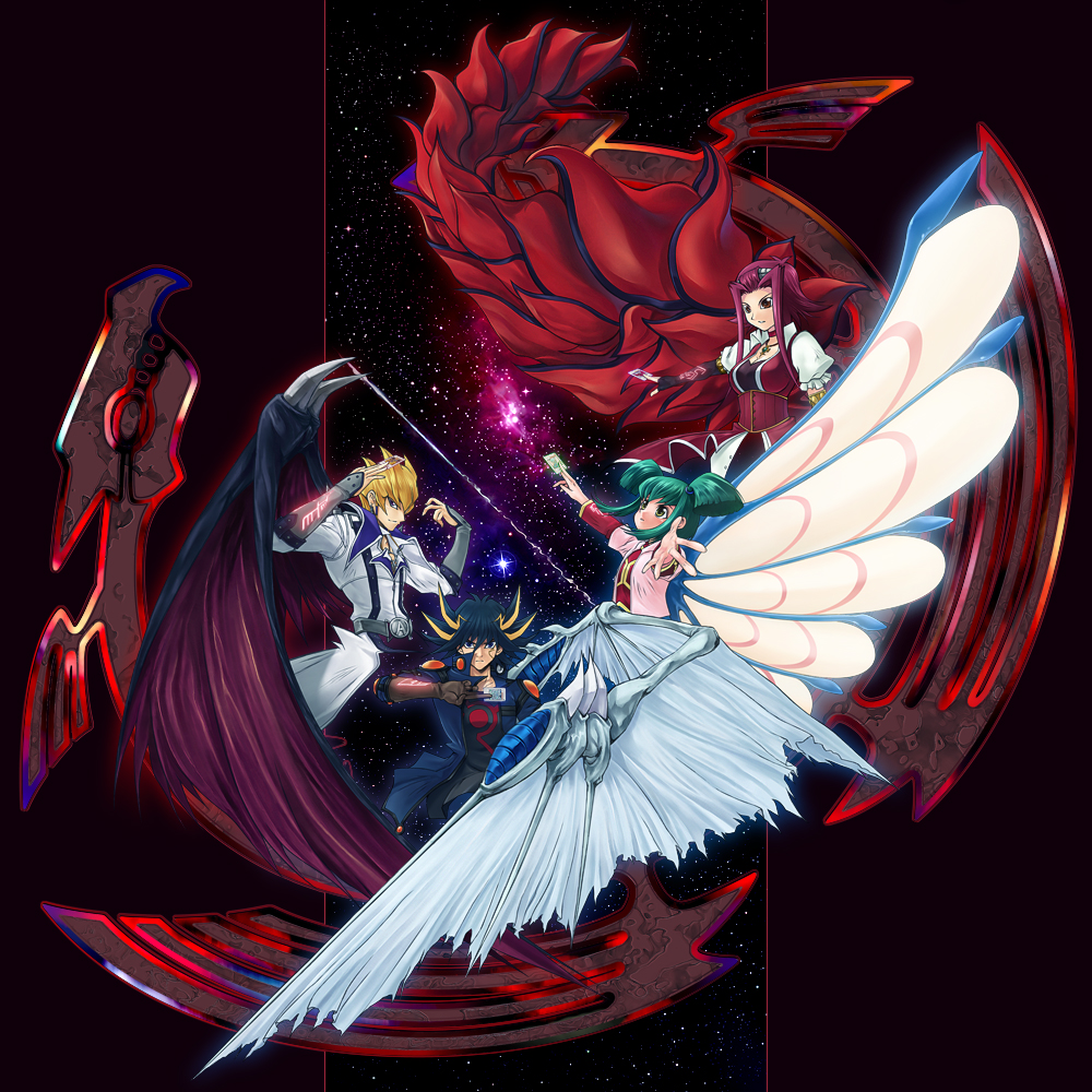 2boys 2girls black_gloves black_hairband black_pants black_shirt black_wings blonde_hair breasts card cleavage detached_sleeve dragon_wings fingerless_gloves fudou_yuusei gloves green_hair hairband holding holding_card izayoi_aki jack_atlas jewelry lazward long_hair looking_up luca_(yu-gi-oh!) medium_breasts multicolored_hair multiple_boys multiple_girls necklace outstretched_arm pants red_eyes red_wings redhead shirt short_sleeves sidelocks single_wing spiky_hair twintails two-tone_hair white_wings wings yu-gi-oh! yuu-gi-ou_5d's