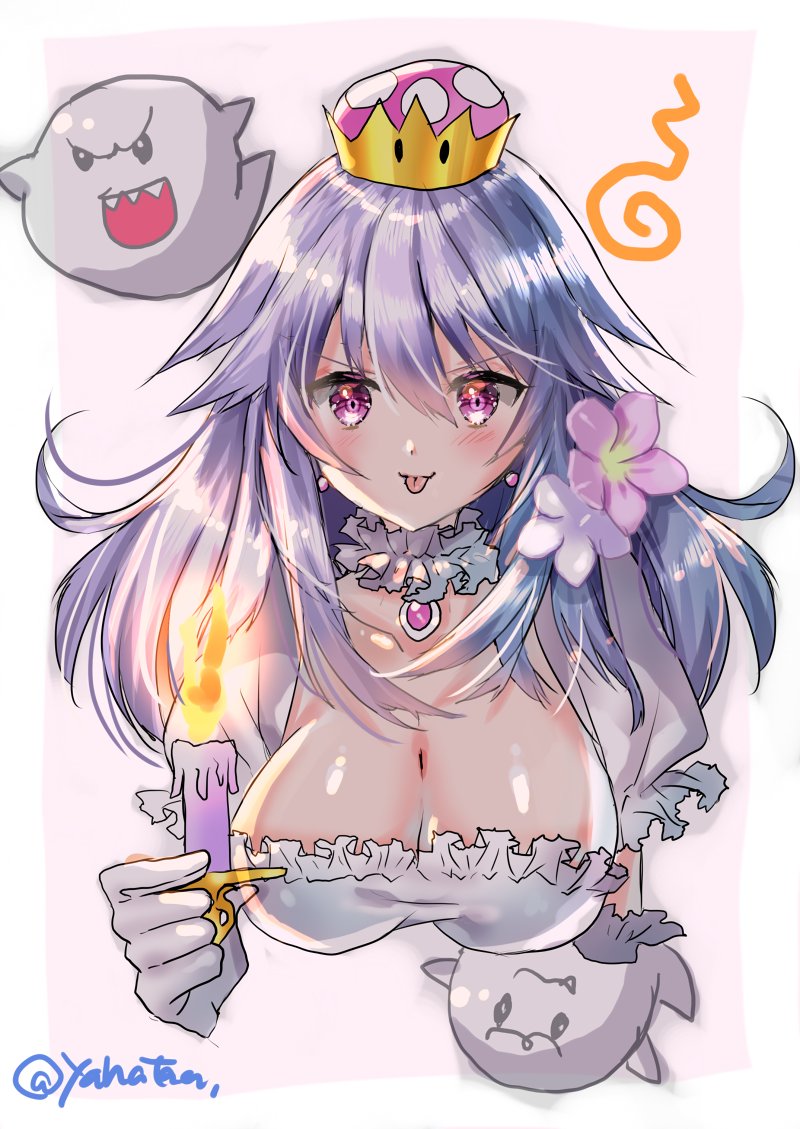 1girl bangs boo breasts candle cleavage closed_mouth crown earrings fire hair_between_eyes hayata_aya jewelry long_hair looking_at_viewer luigi's_mansion super_mario_bros. new_super_mario_bros._u_deluxe nintendo pink_eyes princess_king_boo silver_hair smile solo super_crown tongue tongue_out twitter_username upper_body v-shaped_eyebrows white_hair