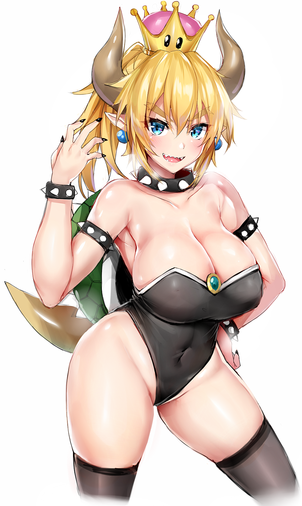 1girl black_nails blonde_hair blue_eyes blue_gk blush bowsette bracelet breasts brooch cleavage collar covered_navel cowboy_shot crown earrings fingernails genderswap genderswap_(mtf) hand_on_hip highres horns huge_breasts jewelry leotard looking_at_viewer super_mario_bros. nail_polish new_super_mario_bros._u_deluxe nintendo open_mouth pointy_ears ponytail sharp_fingernails sharp_teeth simple_background smile solo spiked_bracelet spiked_collar spiked_shell spikes super_crown teeth thick_eyebrows thigh-highs white_background