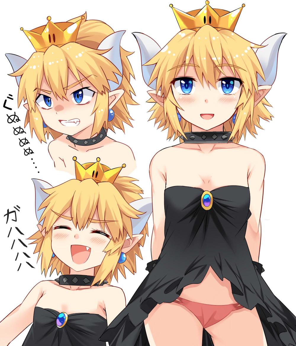 1girl :d ^_^ arms_behind_back bangs bare_arms bare_shoulders black_collar blonde_hair blue_eyes blush bowsette bracelet breasts brooch cleavage clenched_teeth closed_eyes collar collarbone commentary_request cowboy_shot cropped_torso crown dress e.o. earrings expressions eyebrows_visible_through_hair fang genderswap genderswap_(mtf) hair_between_eyes half_updo horns jewelry looking_at_viewer super_mario_bros. mini_crown multiple_views new_super_mario_bros._u_deluxe nintendo open_mouth panties pink_panties pointy_ears short_hair simple_background small_breasts smile spiked_bracelet spiked_collar spikes standing strapless strapless_dress teeth thighs translated underwear upper_body v-shaped_eyebrows white_background