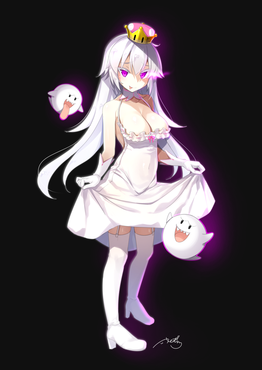 1girl bare_shoulders black_background blush breasts choker cleavage commentary_request crown dress eyebrows_visible_through_hair full_body garter_straps genderswap genderswap_(mtf) ghost gloves glowing glowing_eyes hair_between_eyes highres large_breasts long_hair looking_at_viewer luigi's_mansion super_mario_bros. new_super_mario_bros._u_deluxe nintendo open_mouth personification princess_king_boo sharp_teeth signature smile super_crown super_mario_bros. teeth thigh-highs tongue tongue_out violet_eyes white_dress white_footwear white_gloves white_hair white_legwear yanagi_yuu