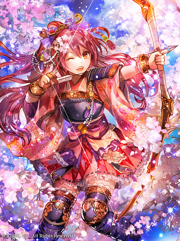 1girl ;d arrow black_legwear bow bow_(weapon) bracelet breastplate floating_hair floral_print frilled_skirt frills hair_between_eyes hair_bow hair_ornament high_ponytail holding holding_arrow holding_bow_(weapon) holding_weapon japanese_clothes jewelry kimono long_hair miniskirt official_art one_eye_closed open_mouth pink_hair pink_kimono pleated_skirt print_kimono purple_bow red_eyes red_skirt rioka_(southern_blue_sky) seisen_cerberus shiny shiny_hair skirt smile solo standing thigh-highs very_long_hair weapon wide_sleeves