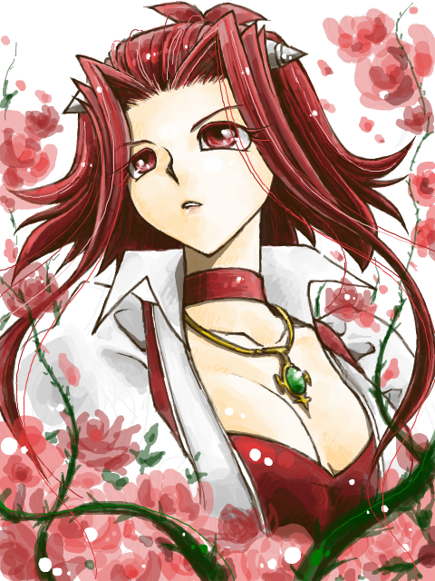 1girl 81_(pixiv813758) breasts choker cleavage floating_hair flower izayoi_aki jewelry large_breasts looking_up necklace parted_lips pink_flower pink_rose red_eyes redhead rose short_hair_with_long_locks sidelocks sketch solo upper_body yu-gi-oh! yuu-gi-ou_5d's