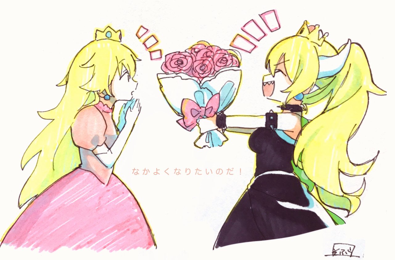 2girls :d ^_^ bangs black_dress blonde_hair bouquet bowsette bracelet closed_eyes closed_eyes collar crown dress earrings elbow_gloves eyebrows_visible_through_hair facing_another flower genderswap genderswap_(mtf) gloves grey_background hair_between_eyes holding holding_bouquet horns jewelry long_hair looking_at_another super_mario_bros. mini_crown multiple_girls new_super_mario_bros._u_deluxe nintendo open_mouth parted_lips photo pink_dress pink_flower pink_rose ponytail princess_peach profile puffy_short_sleeves puffy_sleeves rose sharp_teeth short_sleeves signature smile sofra spiked_bracelet spiked_collar spikes super_crown super_mario_bros. teeth traditional_media very_long_hair white_gloves