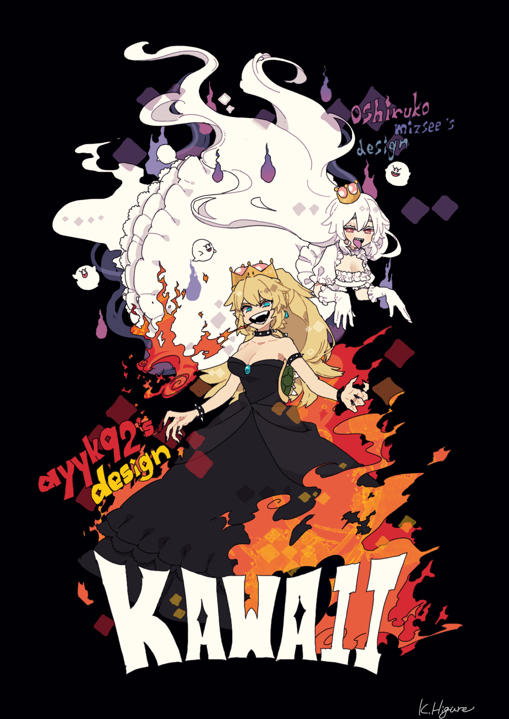 2girls black_dress blonde_hair blue_eyes bowsette bracelet breathing_fire choker collar crown dress evening_gown fire gloves highres hitodama jewelry koura_higure luigi's_mansion super_mario_bros. multiple_girls new_super_mario_bros._u_deluxe nintendo princess_king_boo red_eyes spiked_bracelet spiked_collar spikes twitter_username white_hair wrist_cuffs