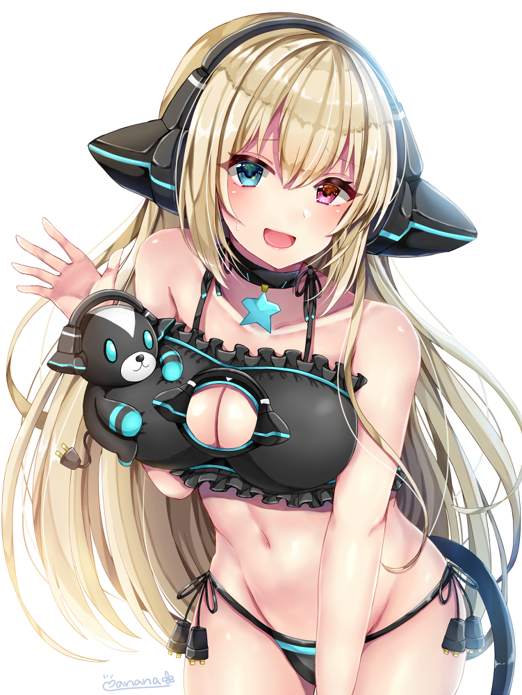 1girl :d artist_name black_bra black_panties blonde_hair blue_eyes blush borrowed_character bra breasts choker collarbone commentary_request eyebrows_visible_through_hair frilled_bra frills groin hair_between_eyes heterochromia large_breasts leaning_forward long_hair looking_at_viewer manana_(matoi1111) navel open_mouth panties phantasy_star phantasy_star_online_2 red_eyes smile solo star tail underwear very_long_hair white_background