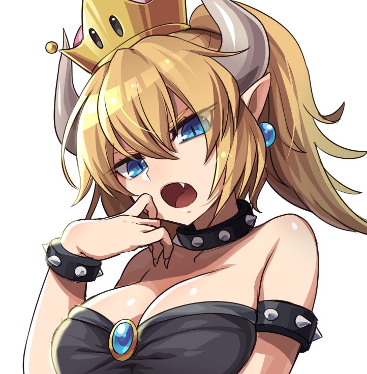 1girl blonde_hair blue_eyes bowsette breasts cleavage genderswap genderswap_(mtf) kozakura_(dictionary) super_mario_bros. new_super_mario_bros._u_deluxe nintendo simple_background solo upper_body white_background