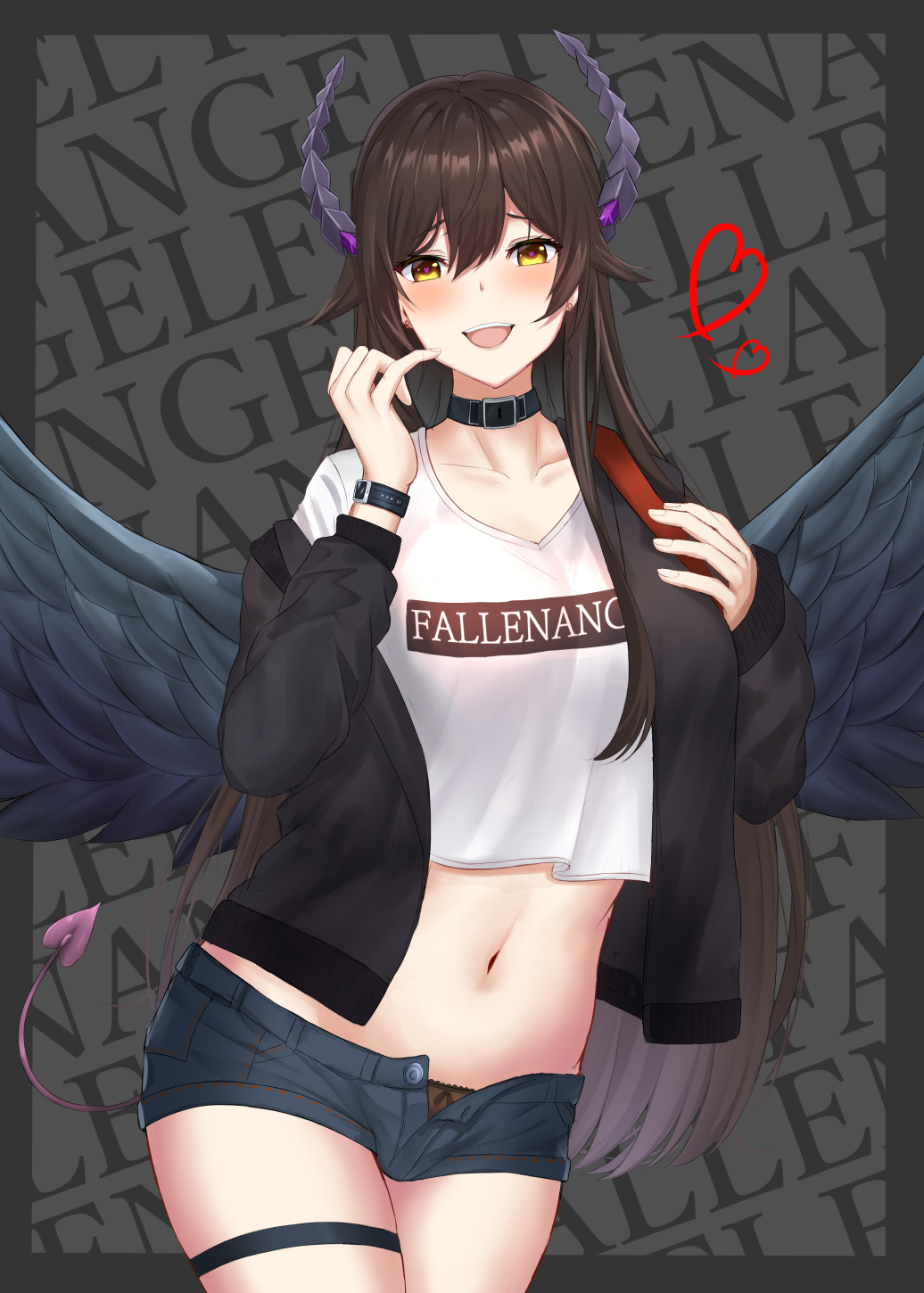 1girl :d black_jacket blush breasts brown_hair brown_panties casual contemporary cowboy_shot crop_top demon_tail earrings english feathered_wings gaitoou grey_background hand_up heart heart-shaped_pupils highres horns jacket jewelry long_hair medium_breasts navel open_mouth panties sennen_sensou_aigis shirt short_shorts shorts simple_background smile solo sophie_(sennen_sensou_aigis) stud_earrings symbol-shaped_pupils tail thigh_strap unbuttoned_pants underwear very_long_hair watch watch white_shirt wings yellow_eyes