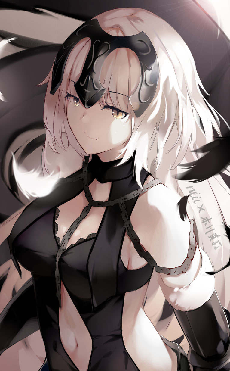 1girl artist_name bangs bare_shoulders black_dress black_feathers black_gloves breasts brown_eyes chains closed_mouth dress elbow_gloves eyebrows_visible_through_hair fate/grand_order fate_(series) feathers fur-trimmed_gloves fur_trim gloves headpiece highres jeanne_d'arc_(alter)_(fate) jeanne_d'arc_(fate)_(all) long_hair looking_away medium_breasts navel navel_cutout niii_(memstapak) signature sleeveless sleeveless_dress solo very_long_hair white_feathers white_hair