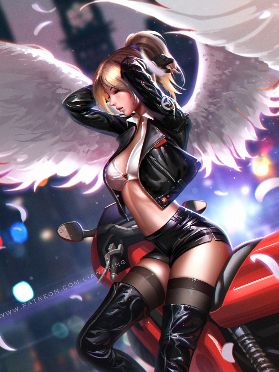 1girl blonde_hair boots breasts closed_eyes feathers fingerless_gloves gloves high_ponytail highres jacket large_breasts leather leather_jacket leather_shorts liang_xing mercy_(overwatch) overwatch ponytail solo thigh-highs thigh_boots wings