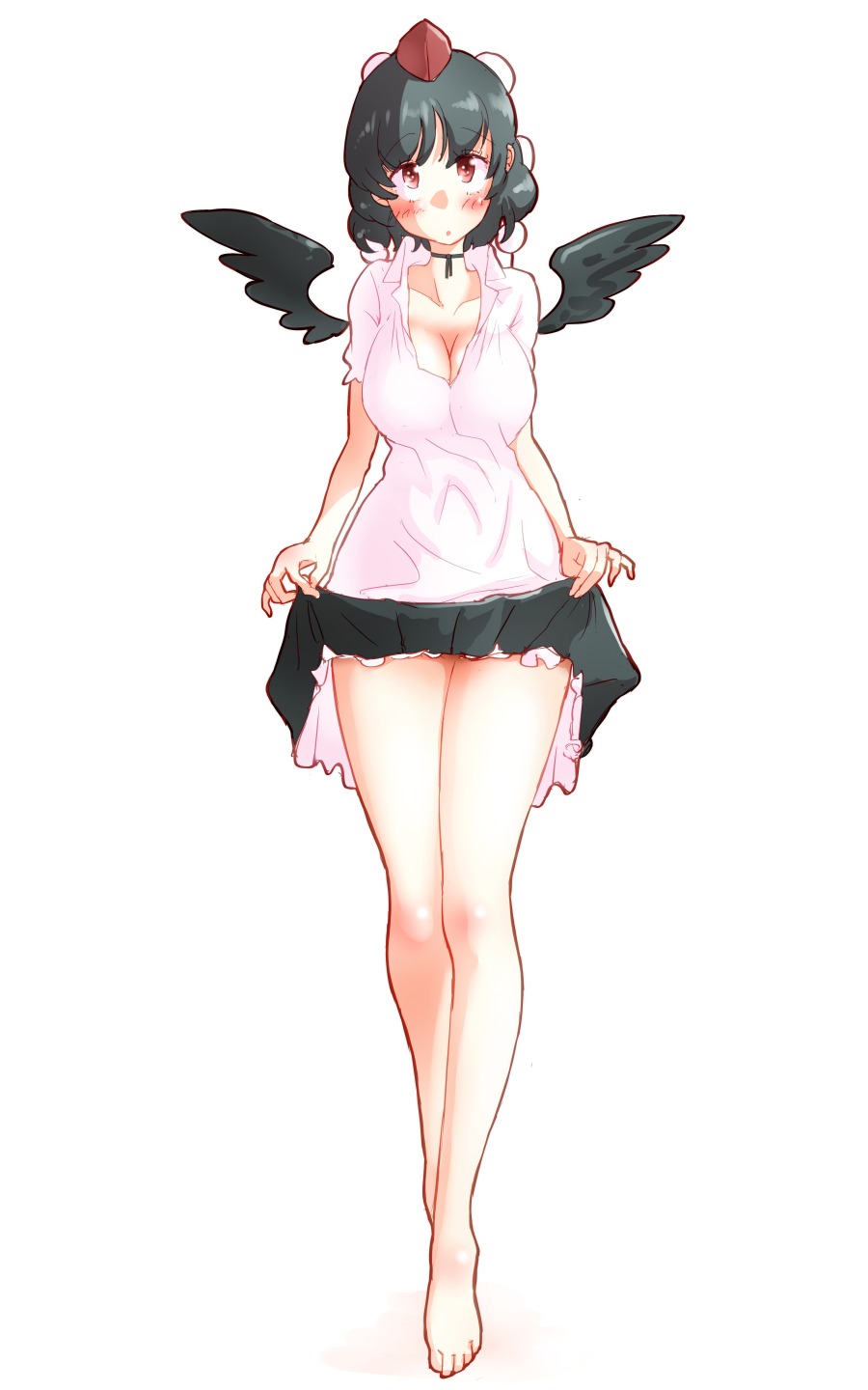 1girl bangs bare_legs barefoot black_choker black_hair black_ribbon black_skirt black_wings blush breasts brown_eyes choker cleavage collarbone commentary_request eyebrows_visible_through_hair feathered_wings full_body hat highres large_breasts lifted_by_self long_legs looking_at_viewer miniskirt non_(z-art) petticoat pom_pom_(clothes) ribbon ribbon_choker shadow shameimaru_aya shirt short_hair short_sleeves simple_background skirt skirt_lift standing thighs tokin_hat touhou white_background white_shirt wing_collar wings