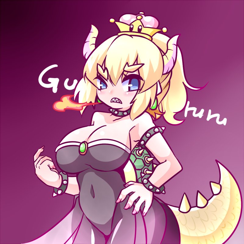 1girl bangs bare_shoulders black_dress blonde_hair blue_eyes bowsette bracelet breasts cleavage clenched_teeth collar commentary_request covered_navel crown dress earrings eyebrows_visible_through_hair fingernails fire genderswap genderswap_(mtf) gradient gradient_background hair_between_eyes hand_on_hip hono horns jewelry large_breasts super_mario_bros. mini_crown nail_polish new_super_mario_bros._u_deluxe nintendo pointy_ears ponytail purple_background purple_nails sharp_teeth solo spiked_bracelet spiked_collar spiked_shell spiked_tail spikes strapless strapless_dress super_crown tail teeth turtle_shell v-shaped_eyebrows
